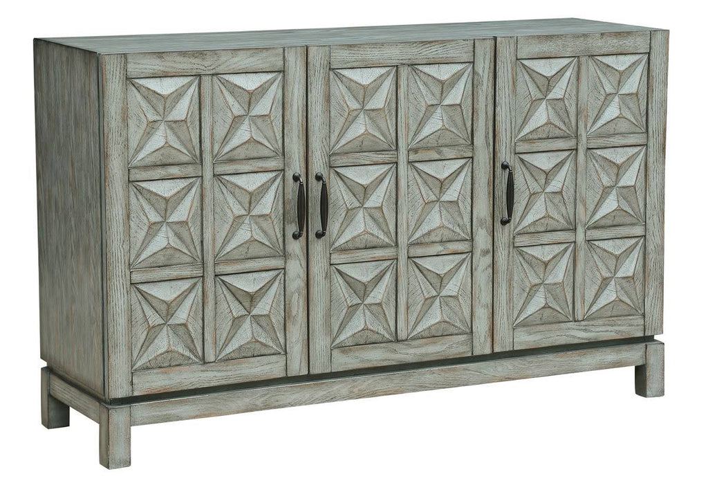 Three Door Carved Wood Console in Distressed Green and Gray Finish N41831