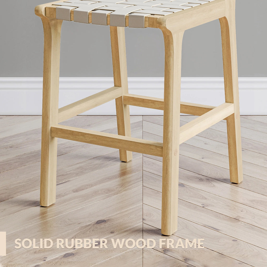Woven Counter Stools 24 inch Set of 2, Faux Leather Bar Stools with Back Solid Wood Frame G1814
