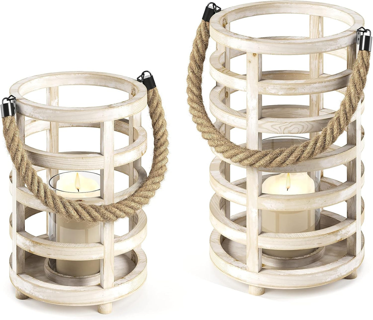 Whitewash Wooden Lantern Candle Holders, Set of 2 V31115