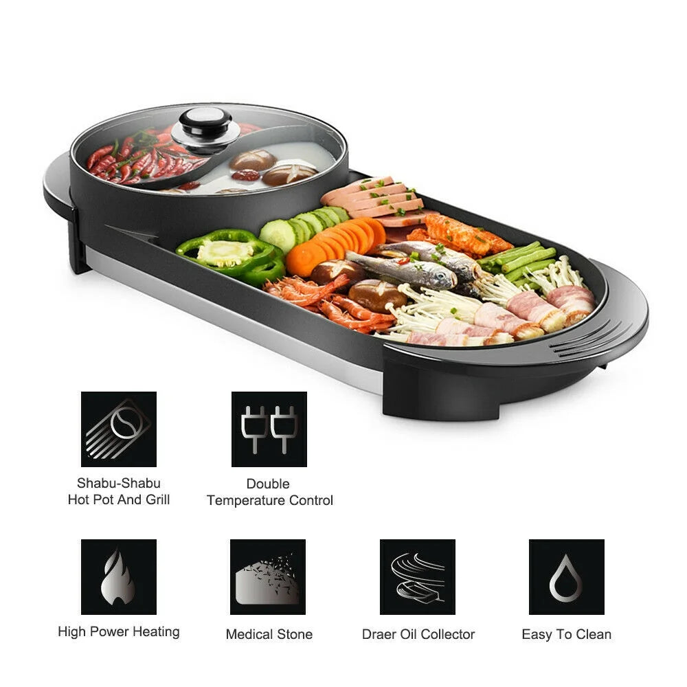 2 in 1 Portable Electric Hot Pot Barbecue Grill Non-Stick Pan K8234