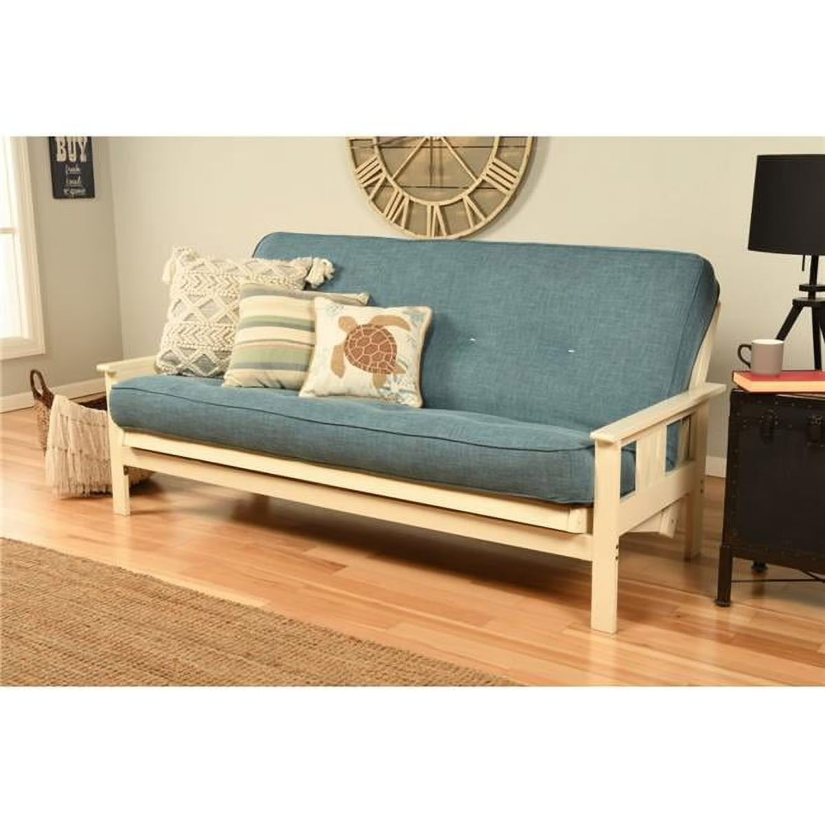 Antique White/Blue Linen Fabric Mattress Frame O36167
