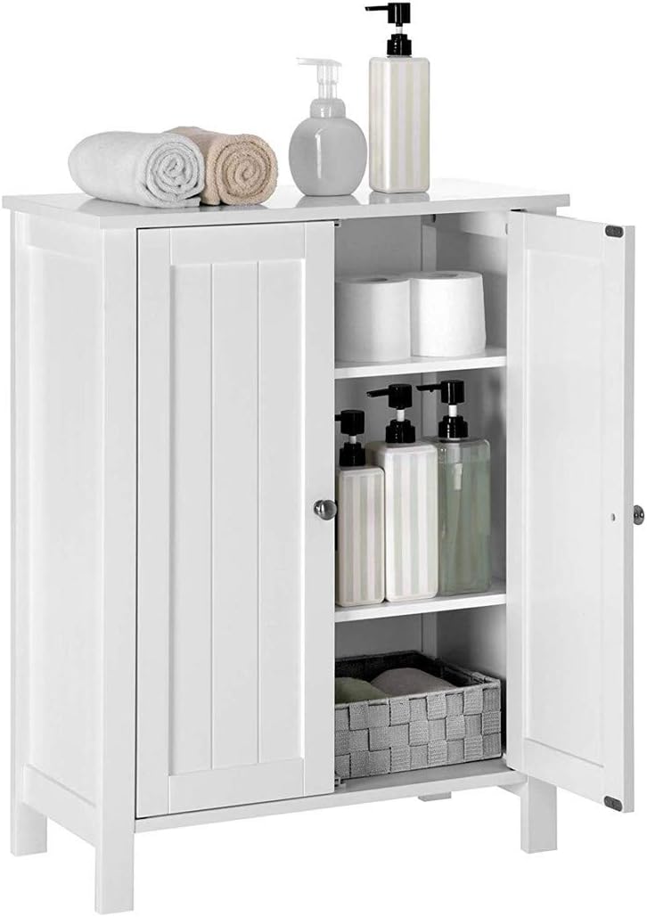 White Wood Bathroom Floor Storage Cabinet with Double Door and Adjustable Shelf K41965