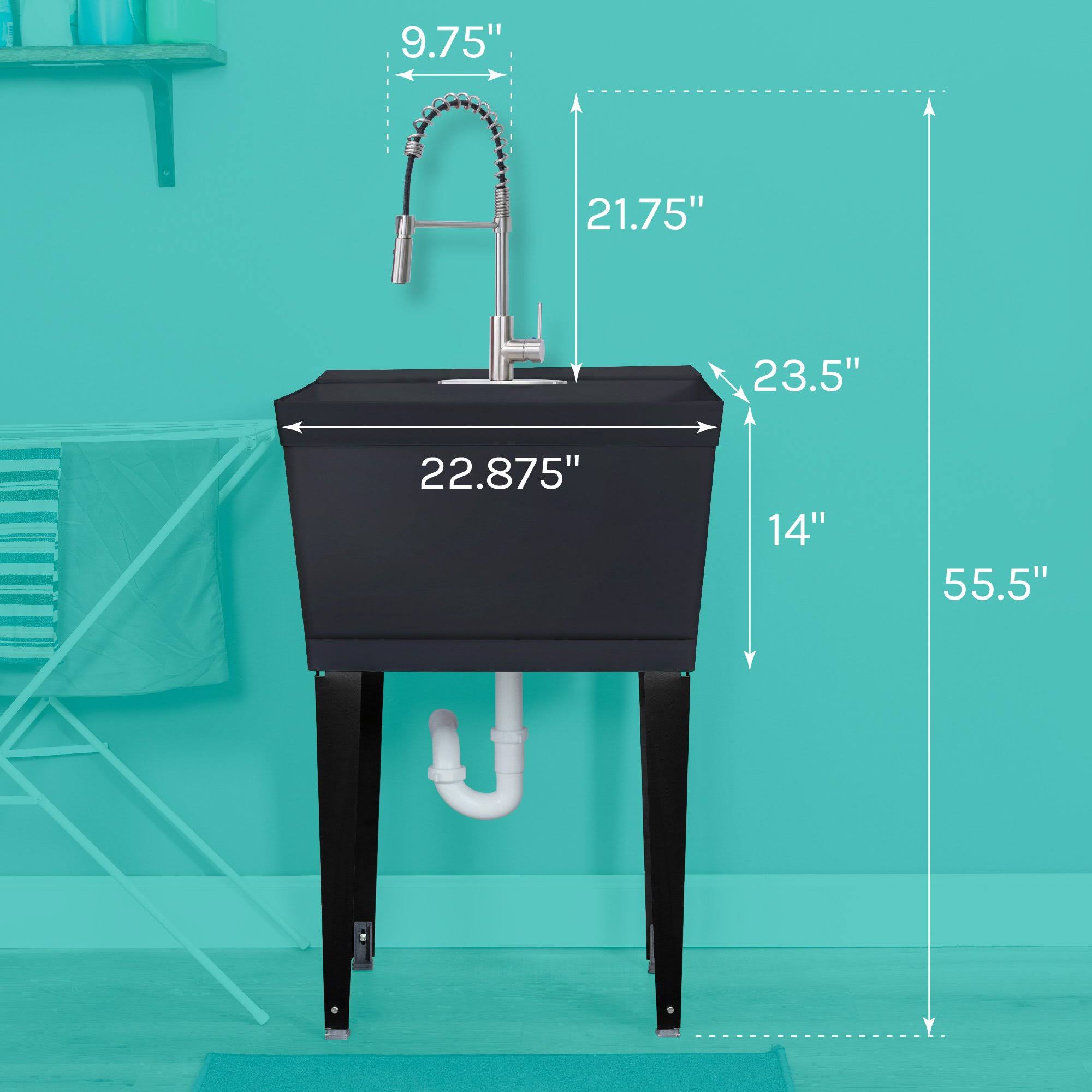 Black Thermoplastic Utility Sink Set with Stainless Steel Coil Pull-Down Faucet D419555