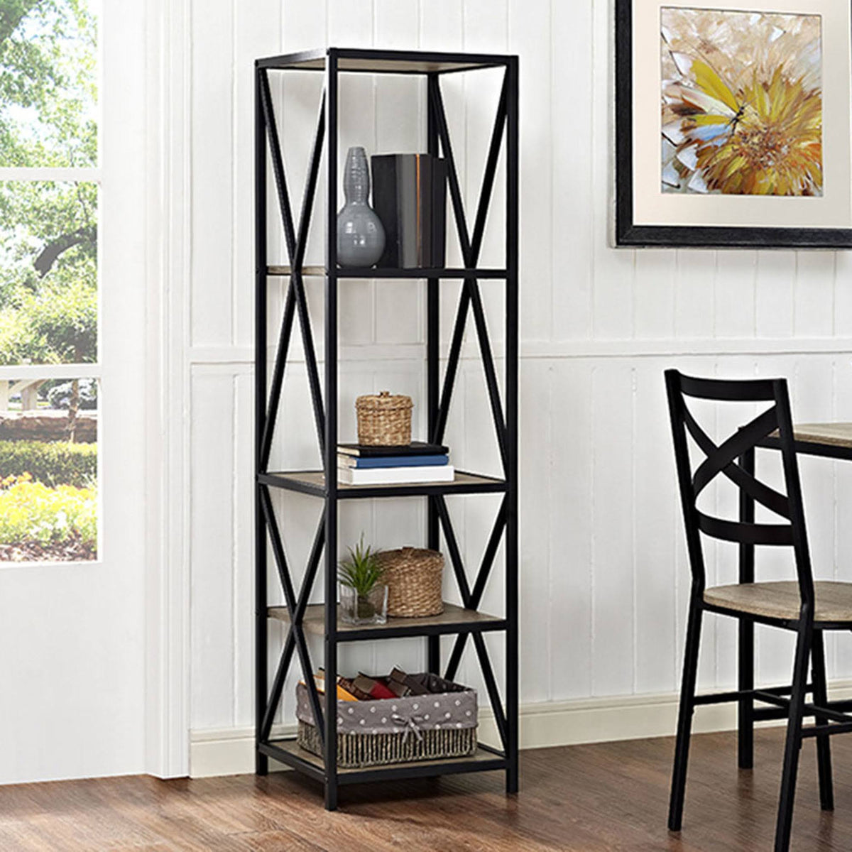 Tall X-Frame Metal and Wood Media Bookshelf X17784