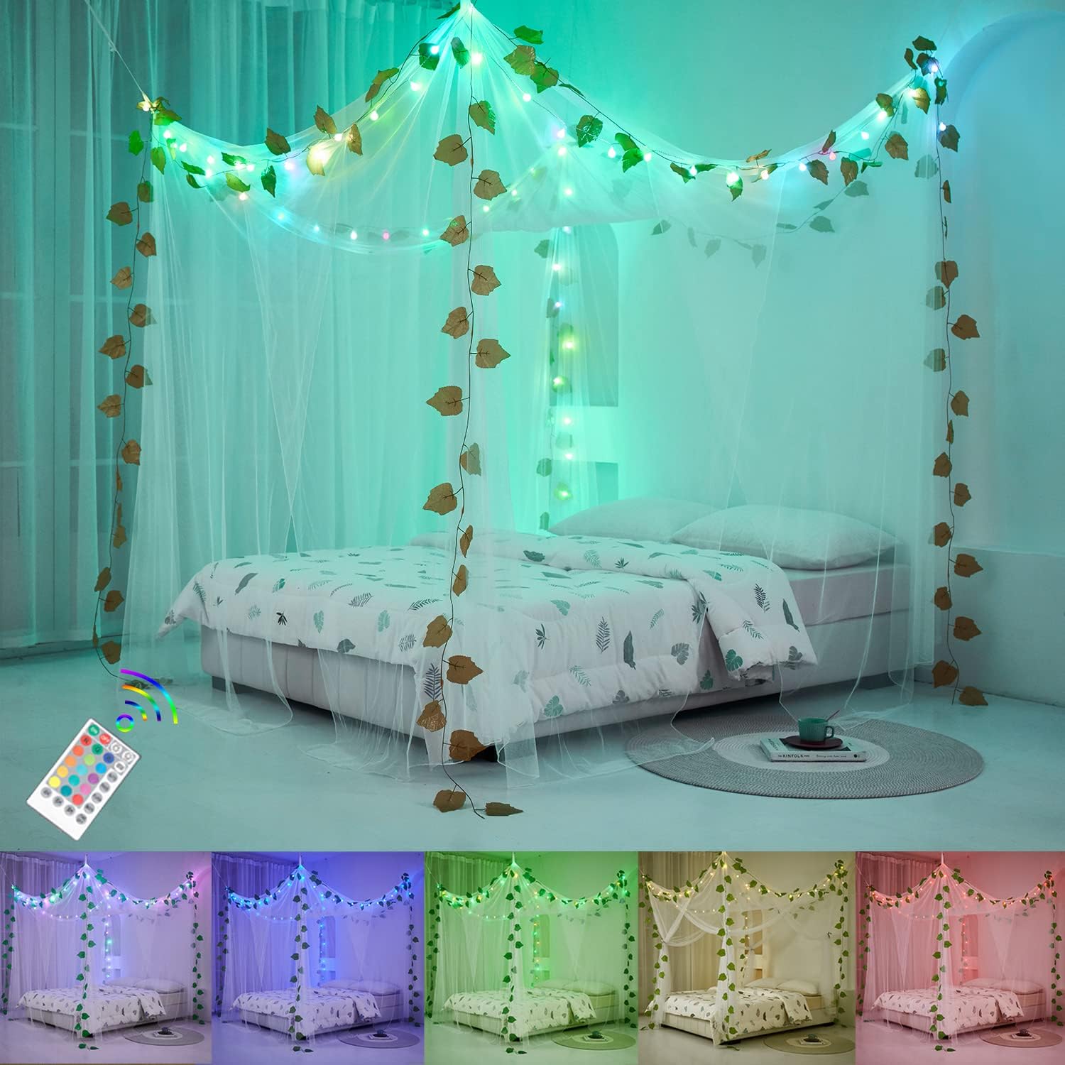 White Sheer Canopy Bed Curtains Set, 8 Panels, Full/Queen R83404