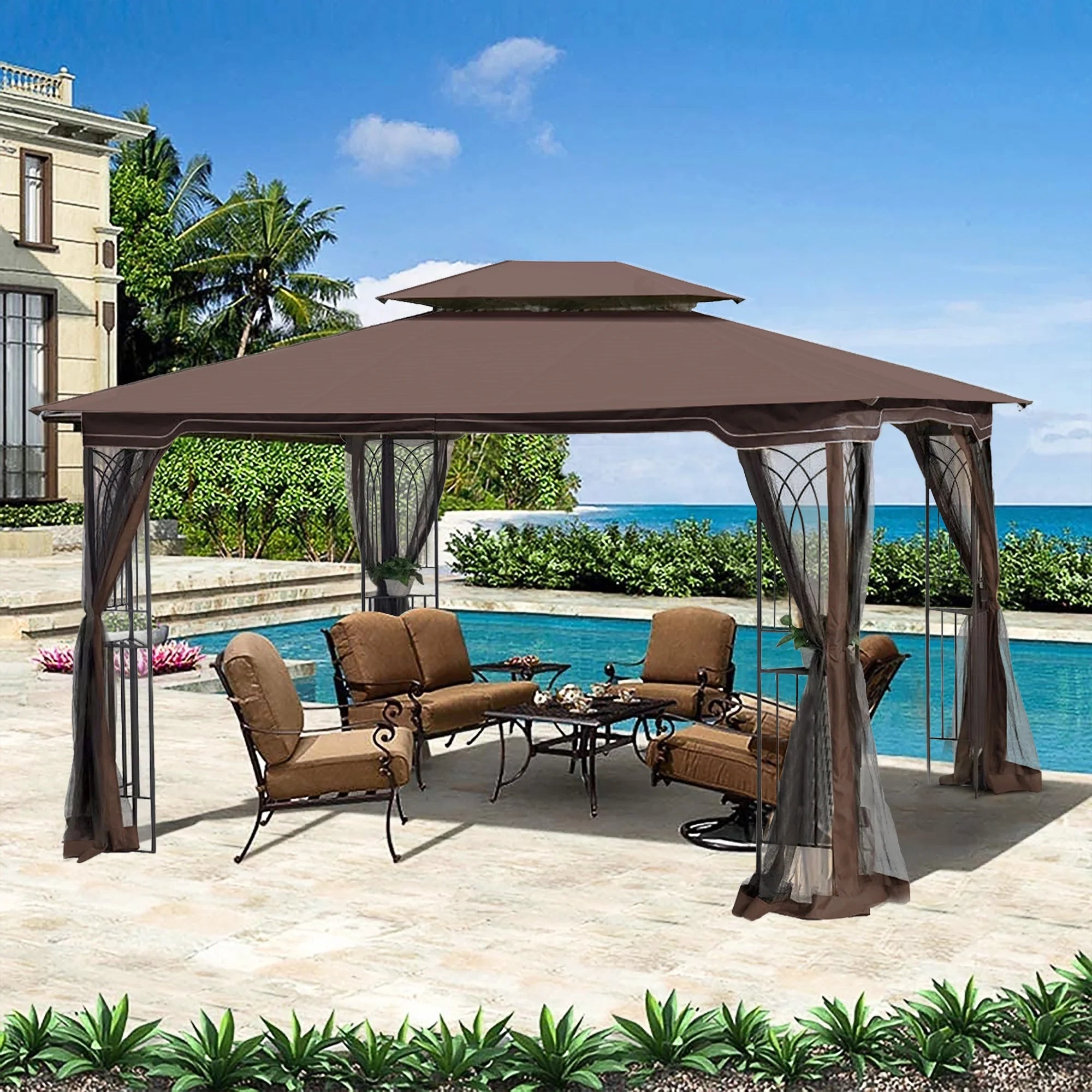 Ventilated Double Roof Gazebo with Mosquito Netting S4854