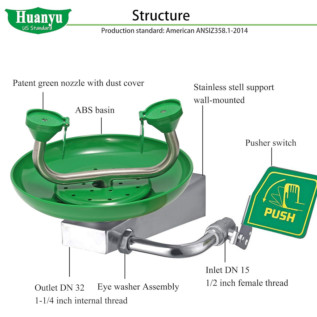 Eye Wash Station Wall Mount Stainless Steel Emergency Eyewash Station with Eye Wash Sign L38602