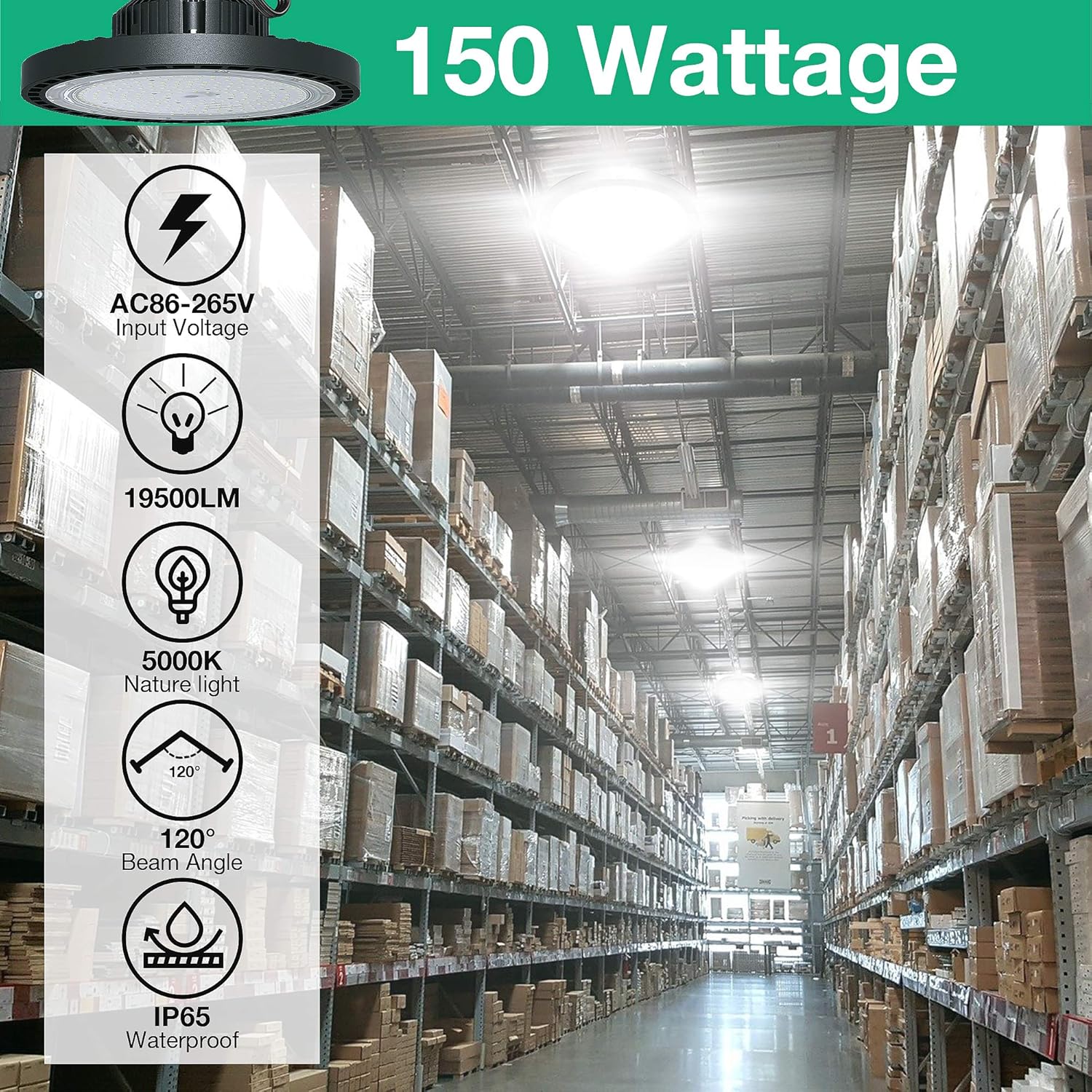 2 Pcs UFO LED High Bay Light, 150W, 21000 LM, 5000K Daylight, IP65 Waterproof, Non-Dim, 5ft Cable with US Plug Y394