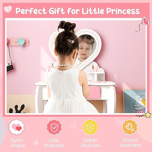 White Kids Vanity Set with Detachable Tri-fold Mirror and Drawer H27718