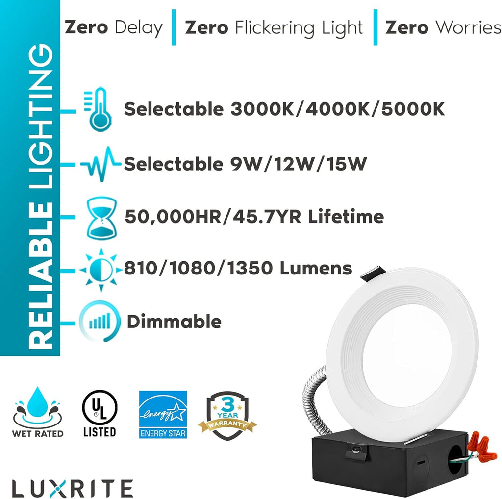 4 Inch LED Recessed Light, 3 Color Selectable 3000K-5000K, 6 Pack N24921