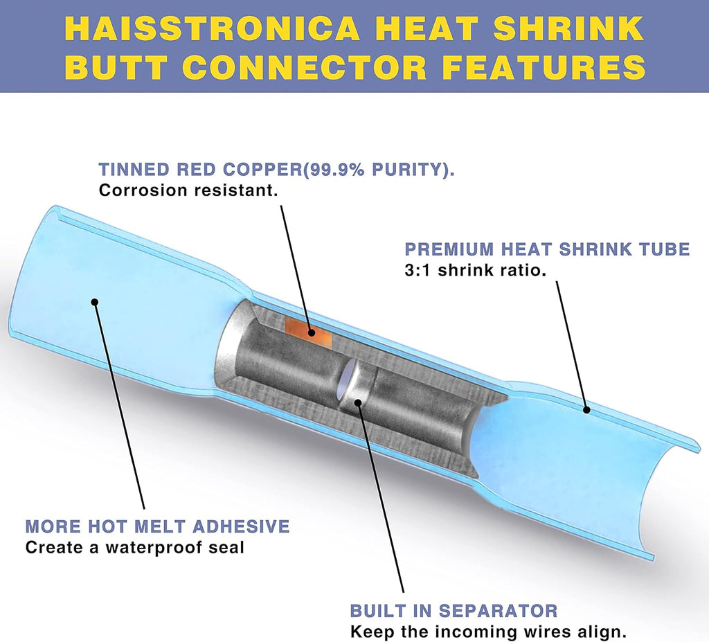 Crimping Tool for Heat Shrink Connectors with 200PCS Marine Grade Heat Shrink Butt Connectors of Tinned Red Copper AWG 20-10 N820