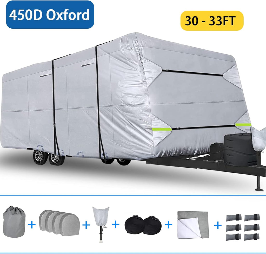 450D Double Oxford Cloth Travel Trailer RV Cover with Lashing Straps Q727