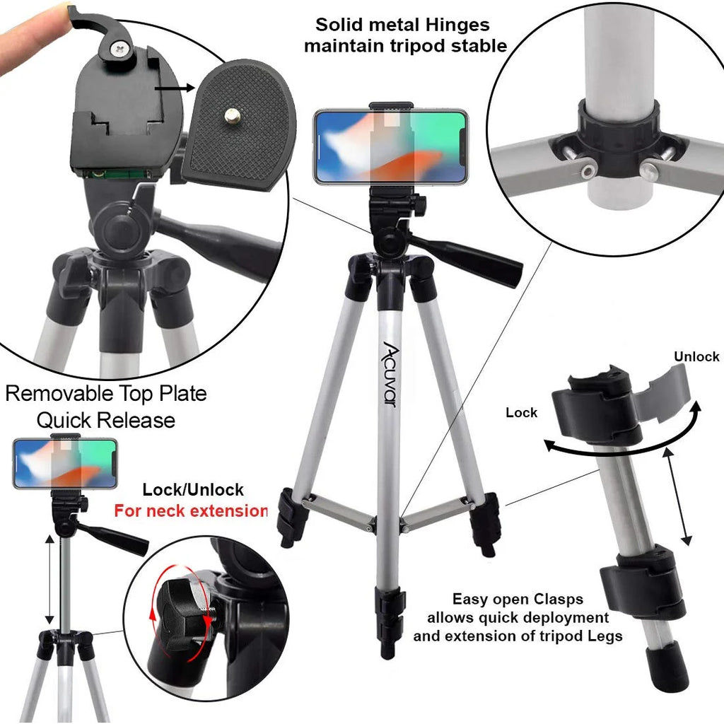 50" Tripod Vlogging Kit with 2 LED Lights, Phone Holder, Gopro Mount, Bluetooth Remote & Screen Cleaner Stand Y261
