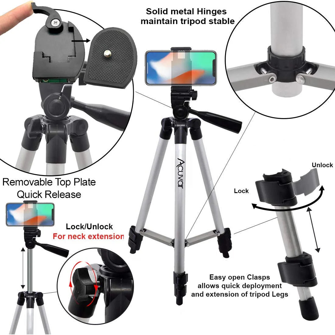 50" Tripod Vlogging Kit with 2 LED Lights, Phone Holder, Gopro Mount, Bluetooth Remote & Screen Cleaner Stand Y261