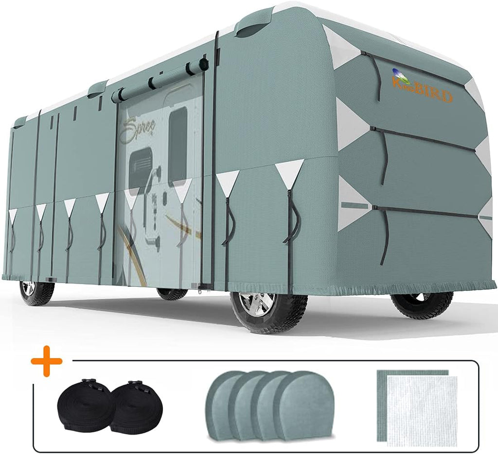 RV Cover, Extra-Thick 5 Layers Anti-UV Top Panel, Fits 30'-33' Motorhome, with 2Pcs Extra Straps & 4 Tire Covers I60060