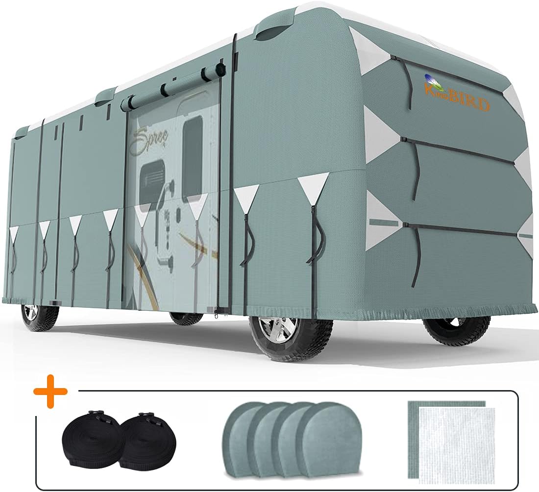 RV Cover, Extra-Thick 5 Layers Anti-UV Top Panel, Fits 30'-33' Motorhome, with 2Pcs Extra Straps & 4 Tire Covers I60060