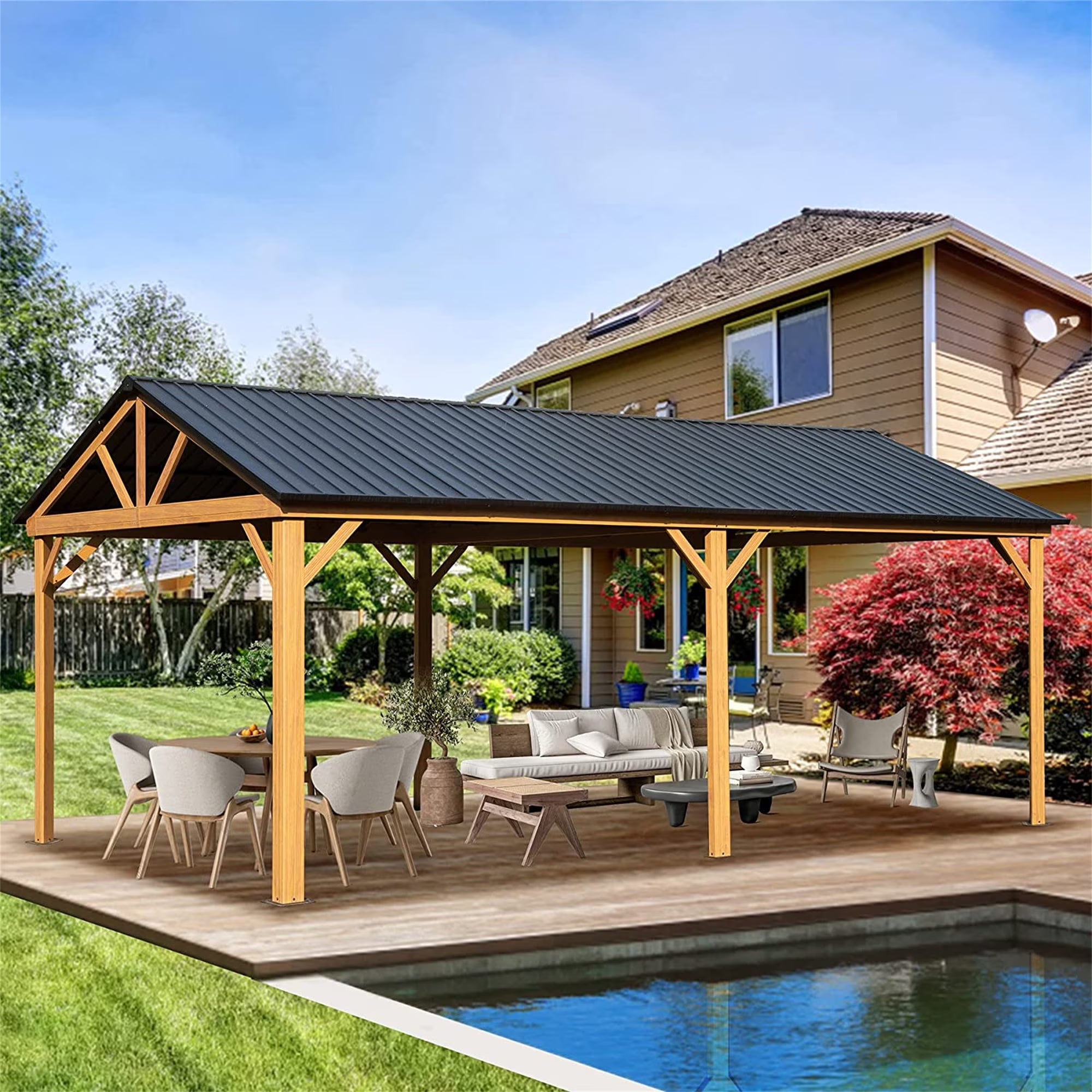 Galvanized Steel Gable Roof Gazebo with Wood Grain Aluminum Frame S46921