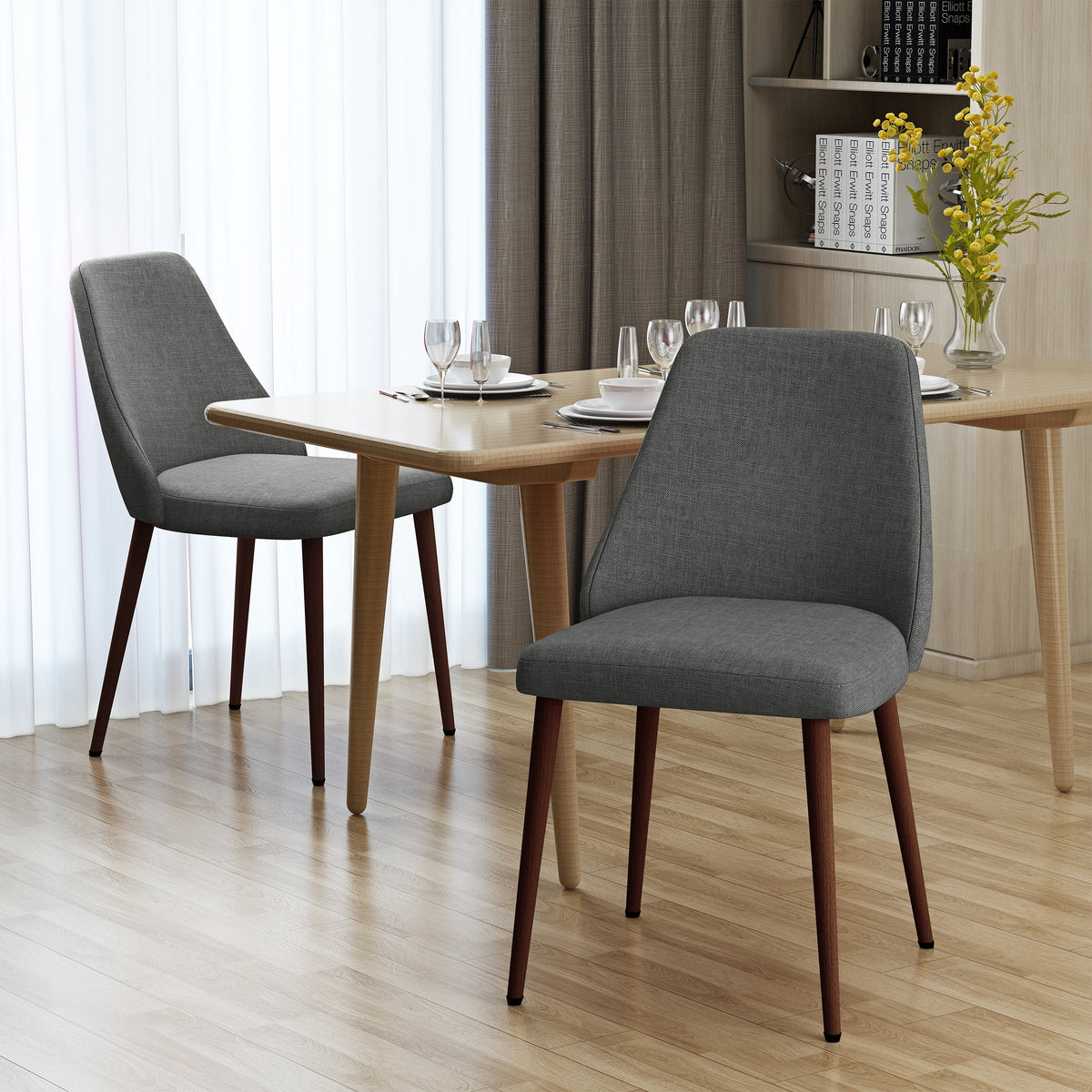 Light Grey Fabric Dining Chairs with Wood Legs, Set of 2 E13163
