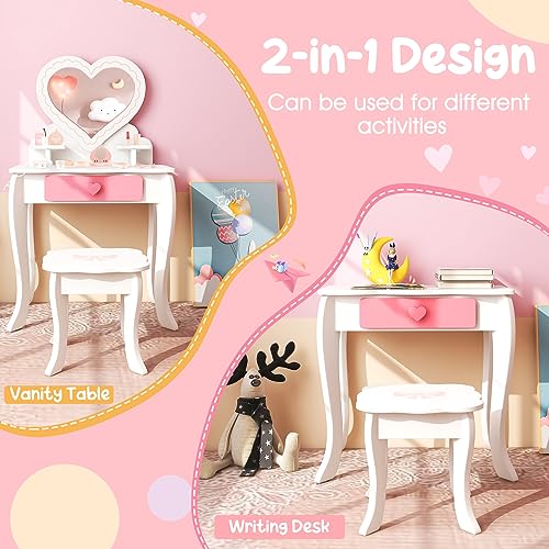 White Kids Vanity Set with Detachable Tri-fold Mirror and Drawer H27718