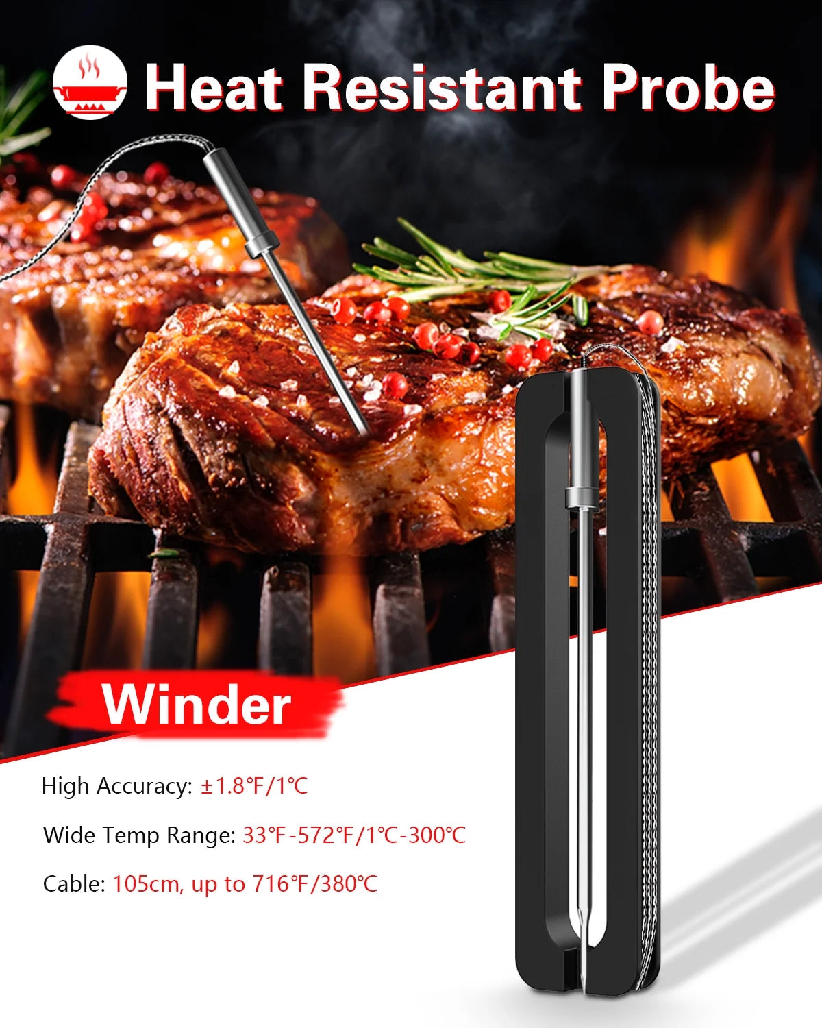 Grill Thermometer Bluetooth Meat Thermometer for Smoker Oven Kitchen N44028