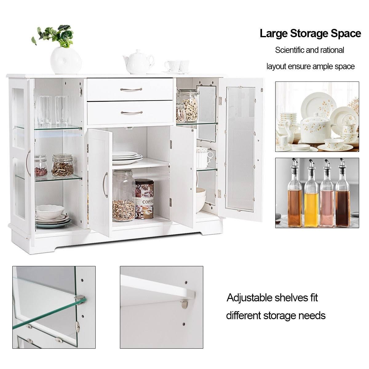 White Buffet Storage Cabinet with Glass Door Drawers G149802
