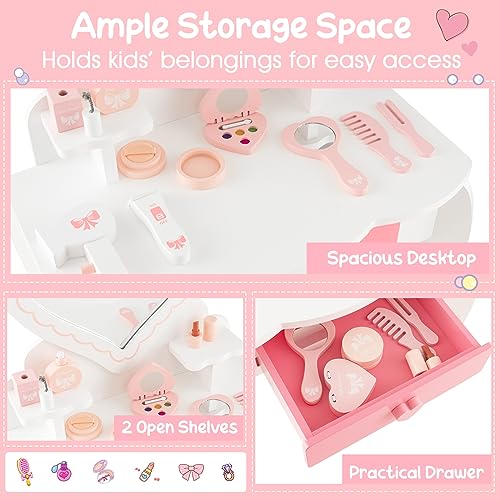 White Kids Vanity Set with Detachable Tri-fold Mirror and Drawer H27718