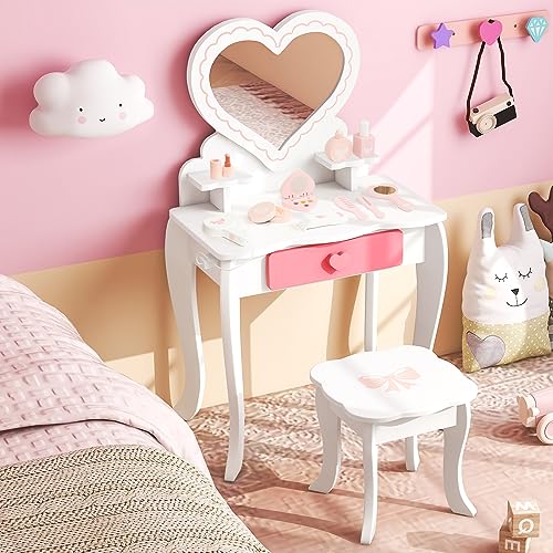 White Kids Vanity Set with Detachable Tri-fold Mirror and Drawer H27718