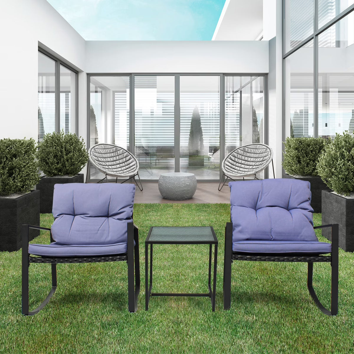 Black Wicker 3-Piece Rocking Chair Set with Glass Table A6604