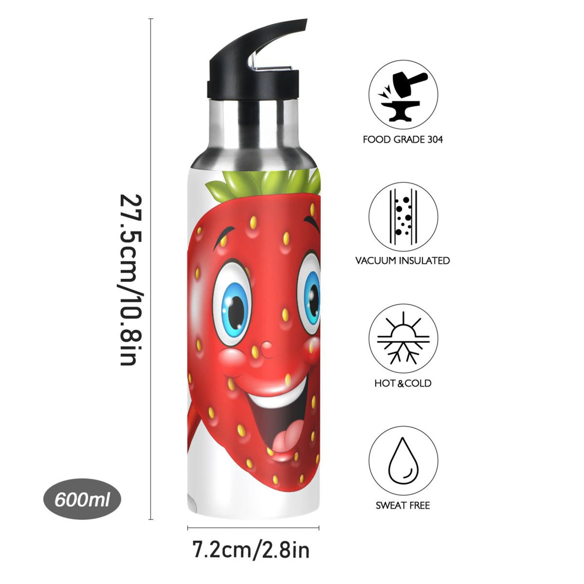 Strawberry Stainless Steel Insulated Water Bottle with Straw Lid P8600