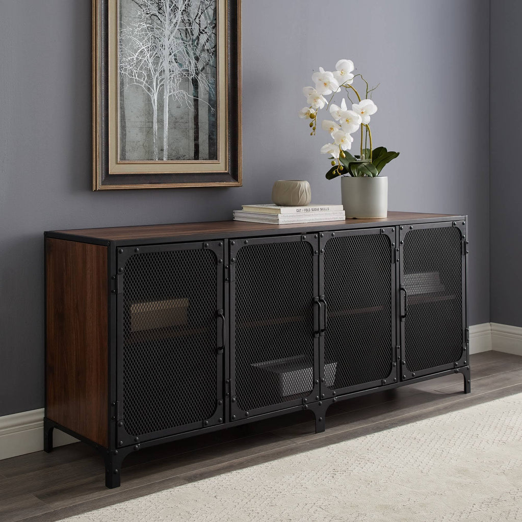 4 Door Metal Mesh TV Stand Dark Walnut S58858