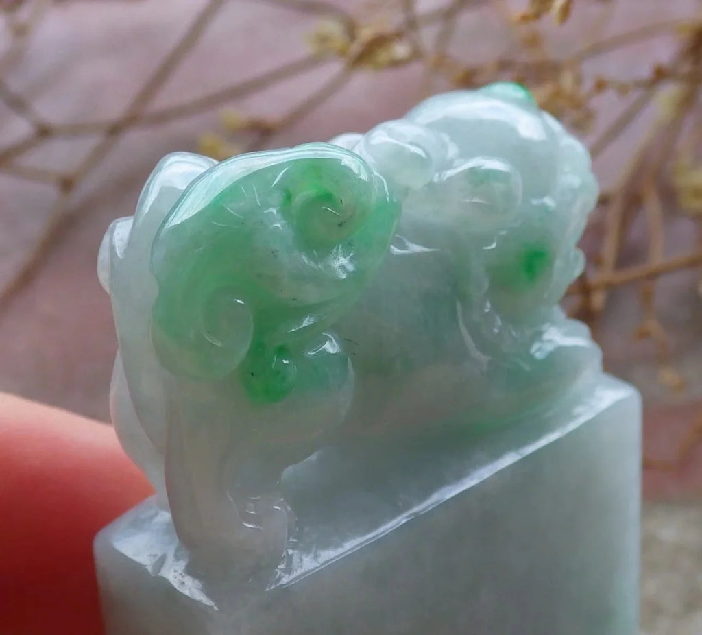 Green Natural Burma Jade Dragon Pi Xiu Chop Seal Display F147