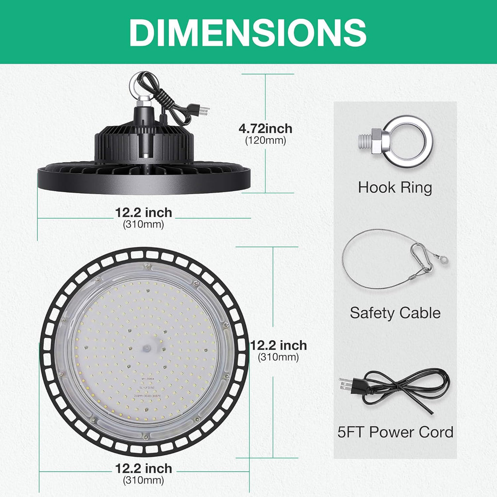 2 Pcs UFO LED High Bay Light, 150W, 21000 LM, 5000K Daylight, IP65 Waterproof, Non-Dim, 5ft Cable with US Plug Y394