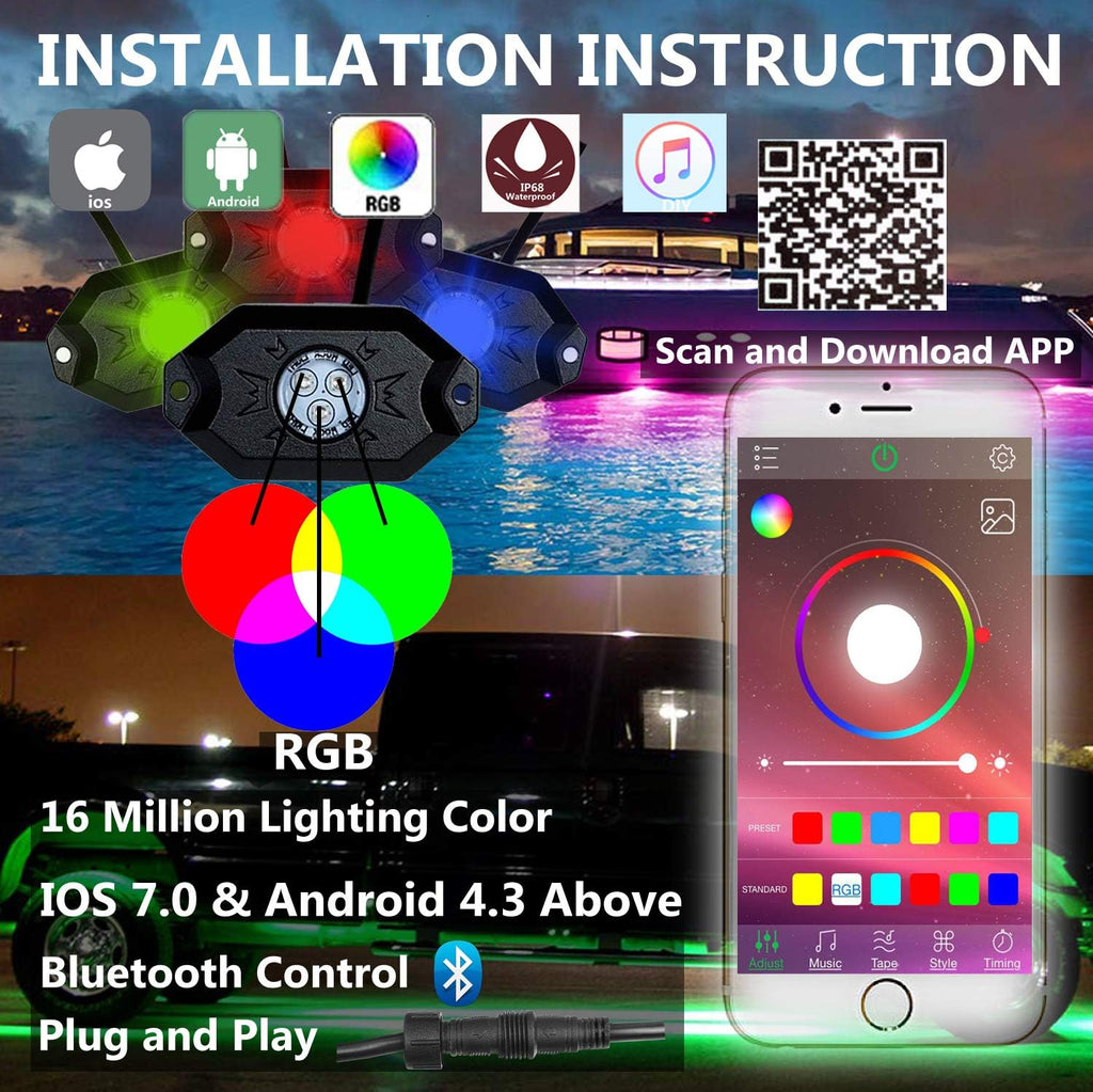 RGB LED Rock Light Kit with Bluetooth Remote Control H193
