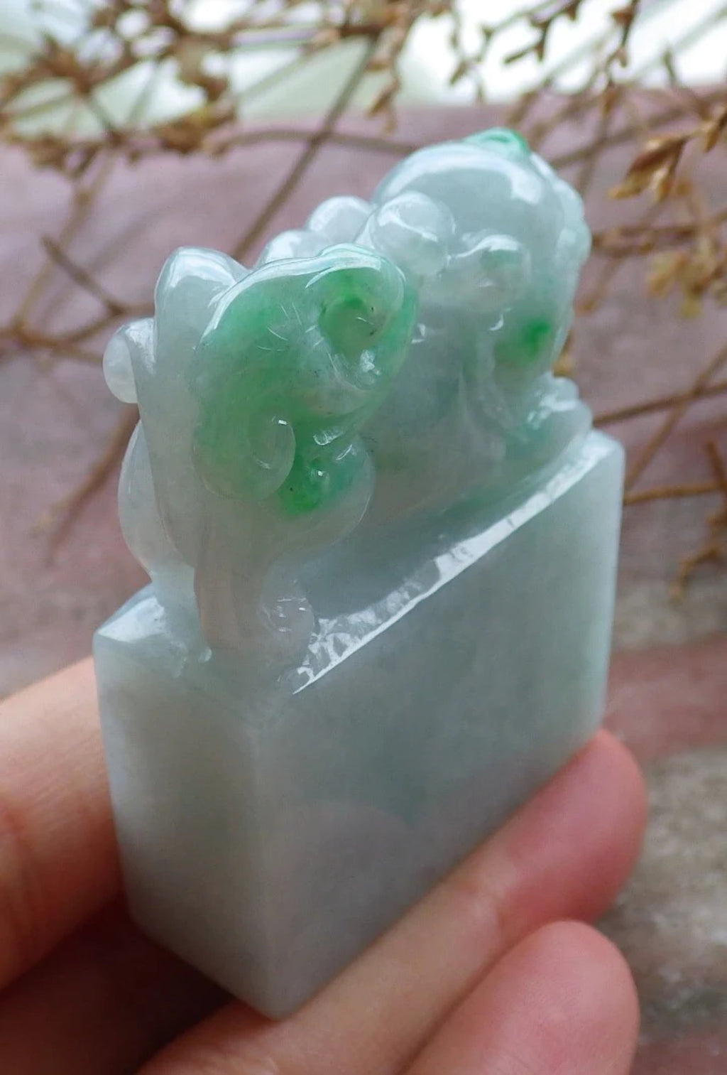 Green Natural Burma Jade Dragon Pi Xiu Chop Seal Display F147