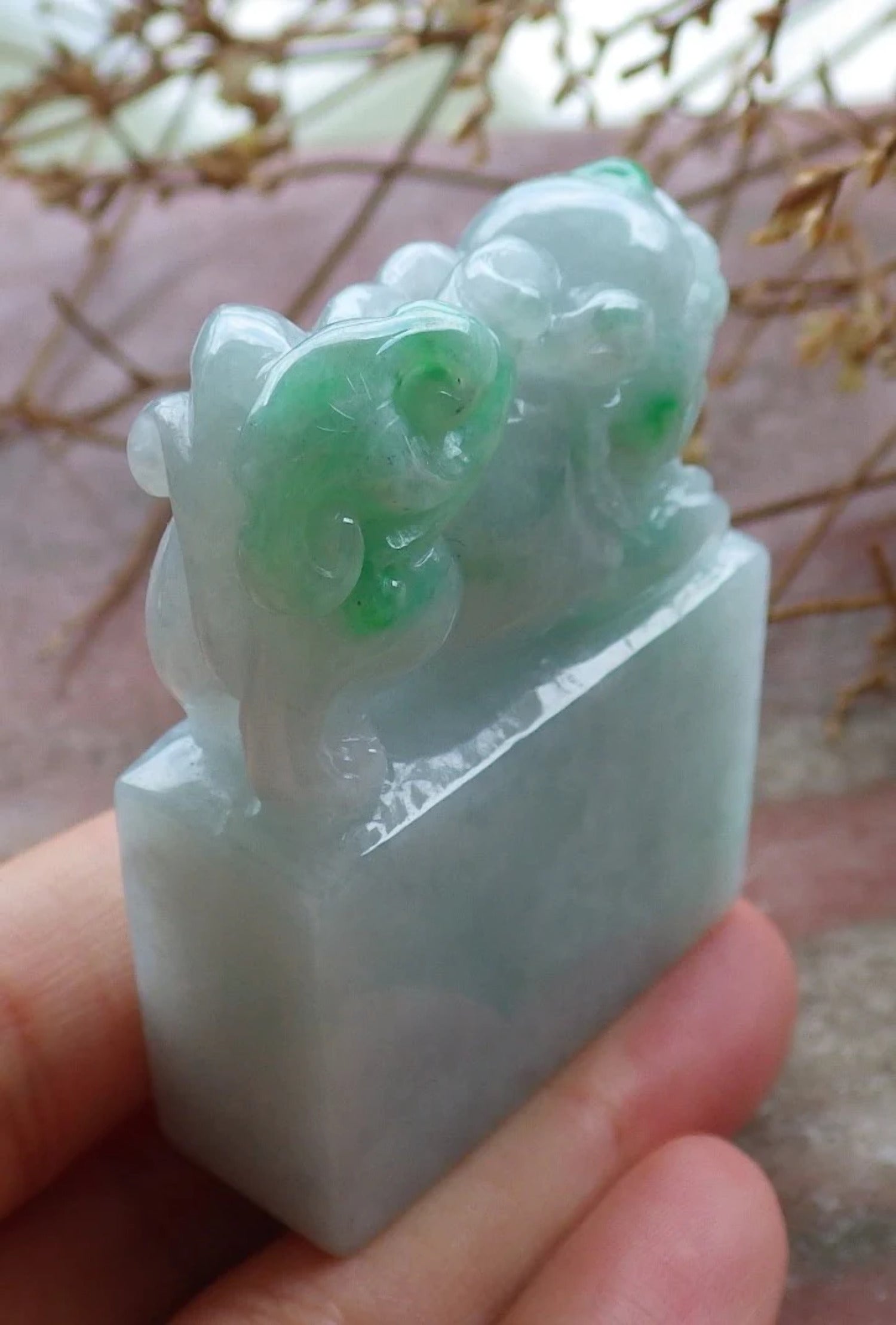 Green Natural Burma Jade Dragon Pi Xiu Chop Seal Display F147