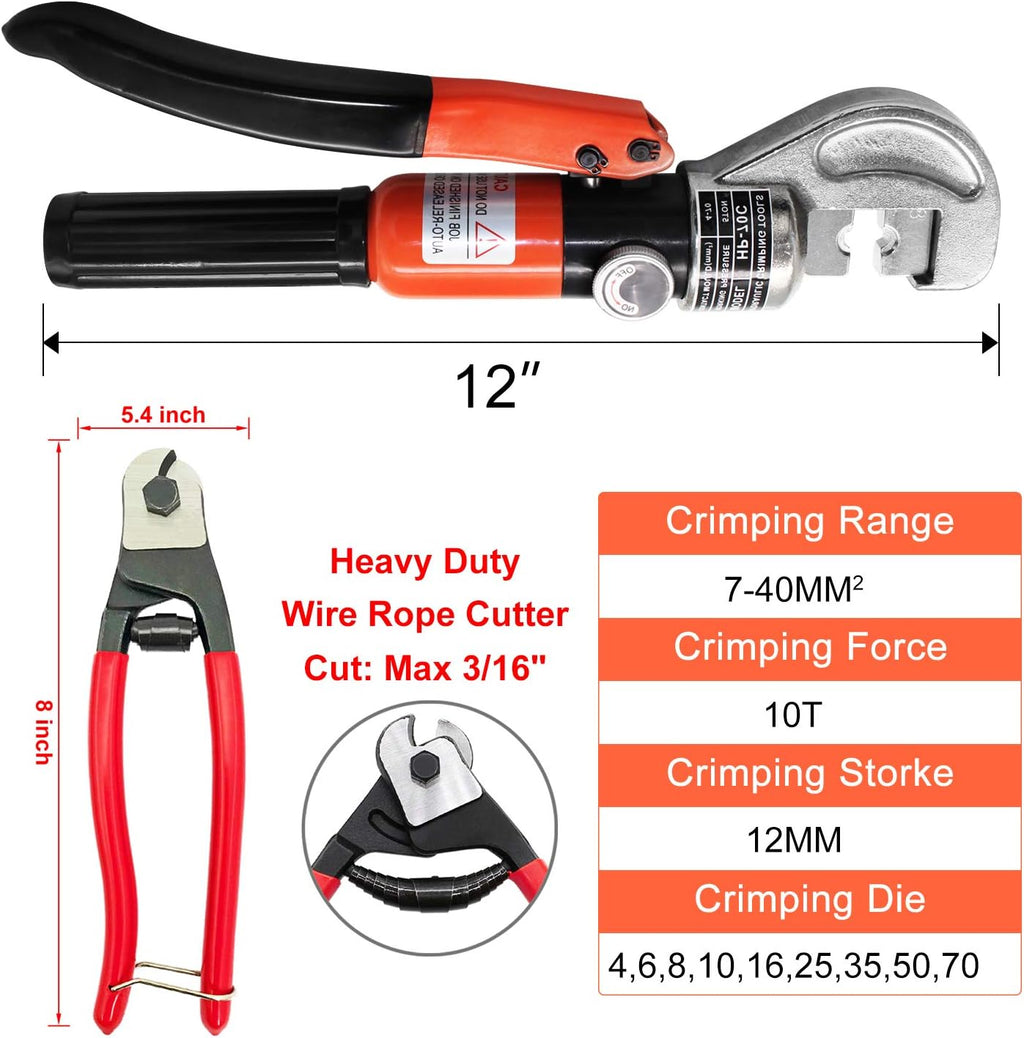 10 Ton Hydraulic Cable Crimper Hand Tool with 9 Dies and Cable Cutter N921016