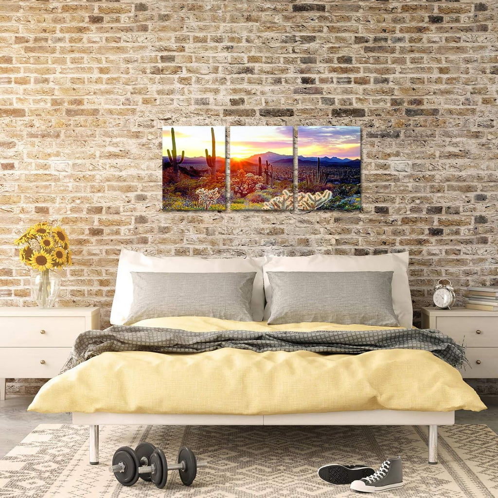3 Piece Saguaro Cactus Canvas Wall Art Sunset at Arizona Sonoran Desert Landscape Painting Print X259