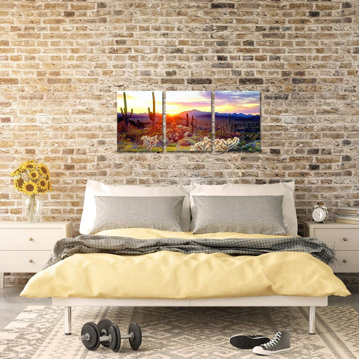 3 Piece Saguaro Cactus Canvas Wall Art Sunset at Arizona Sonoran Desert Landscape Painting Print X259