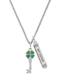 Silvertone Translucent Green Four Leaf Clover Key Sister Bar Charm Necklace, 23" L8298