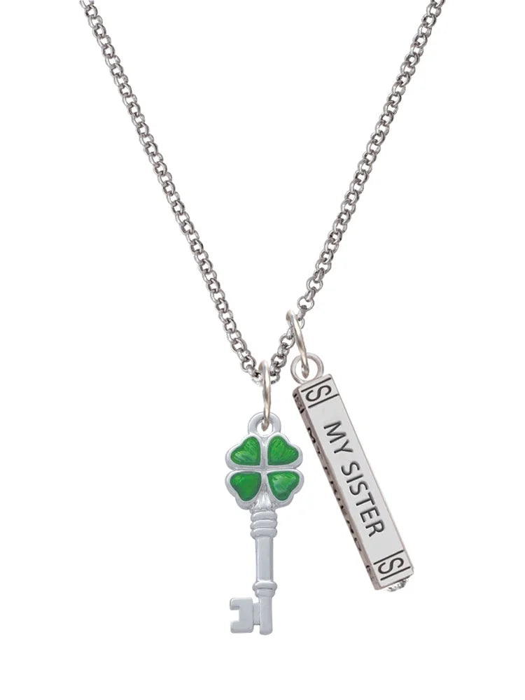 Silvertone Translucent Green Four Leaf Clover Key Sister Bar Charm Necklace, 23" L8298