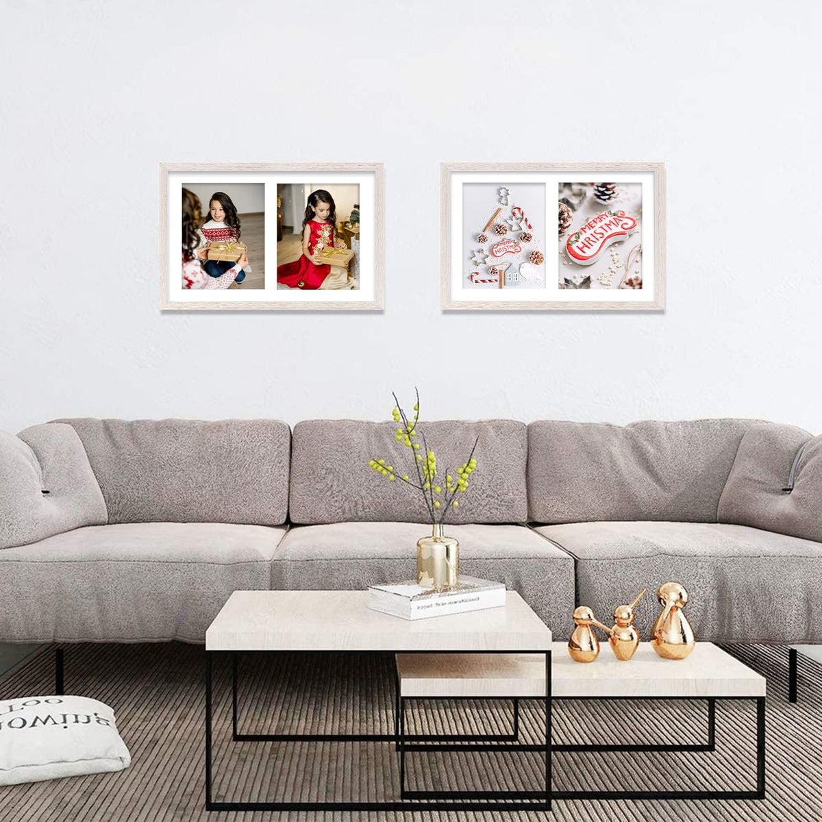Set of 2 Distressed White Wood Picture Frame for Four 4x6 Photos or Two 8x10 Pictures with Real Glass O173837