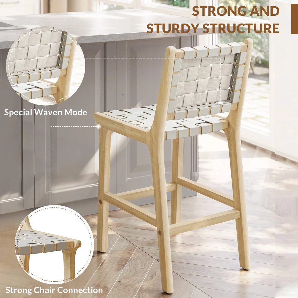 Woven Counter Stools 24 inch Set of 2, Faux Leather Bar Stools with Back Solid Wood Frame G1814