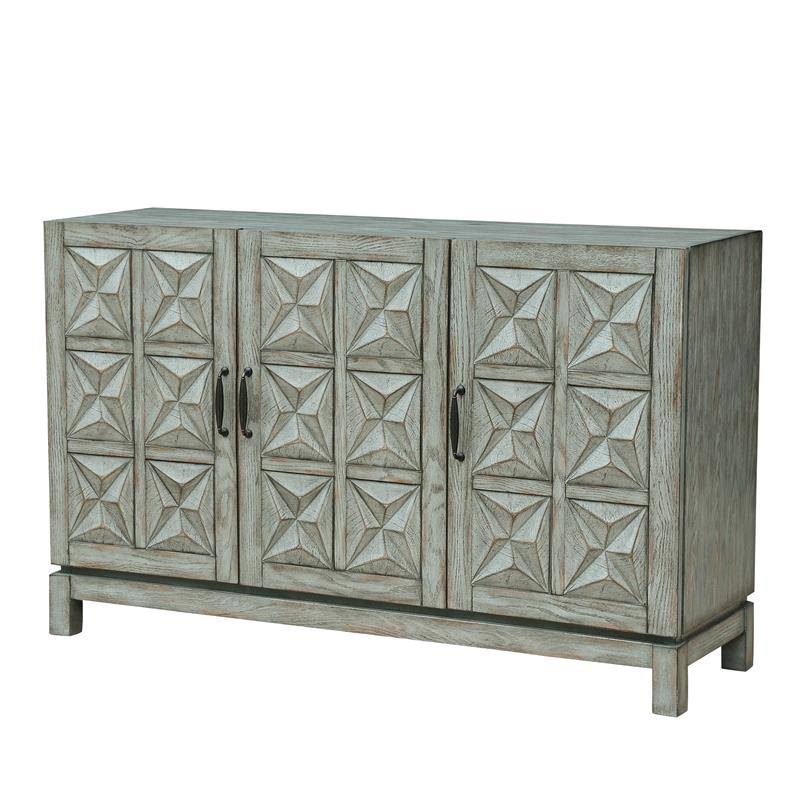 Three Door Carved Wood Console in Distressed Green and Gray Finish N41831