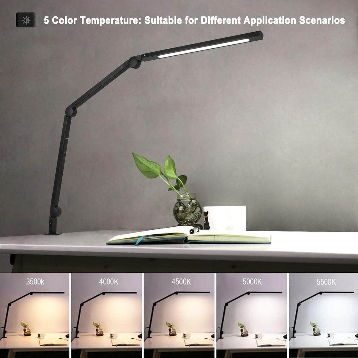 Desk Lamp with Clamp, Swing Arm, Stepless Dimming, Adjustable Color Temperature, 10W N344788