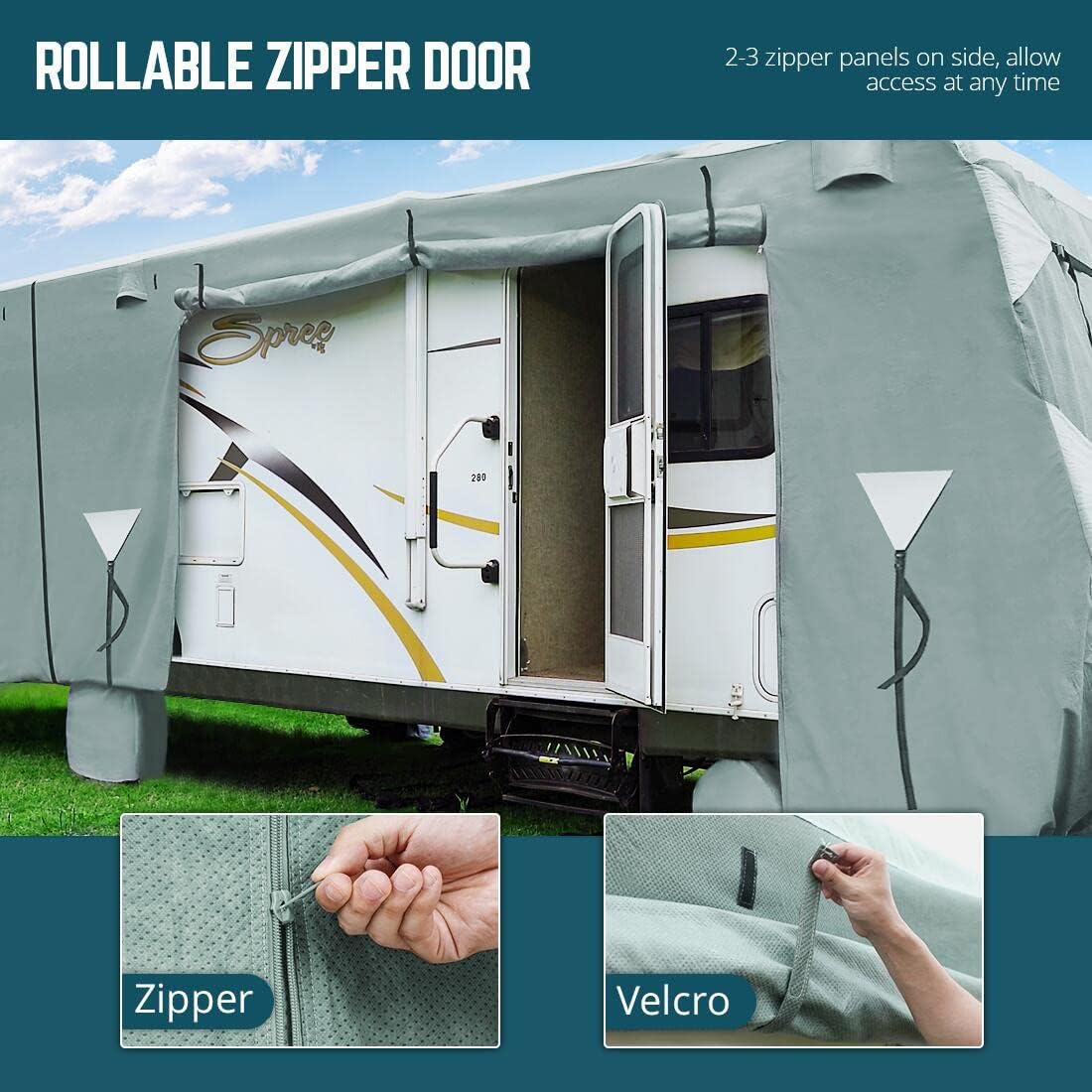 RV Cover, Extra-Thick 5 Layers Anti-UV Top Panel, Fits 30'-33' Motorhome, with 2Pcs Extra Straps & 4 Tire Covers I60060