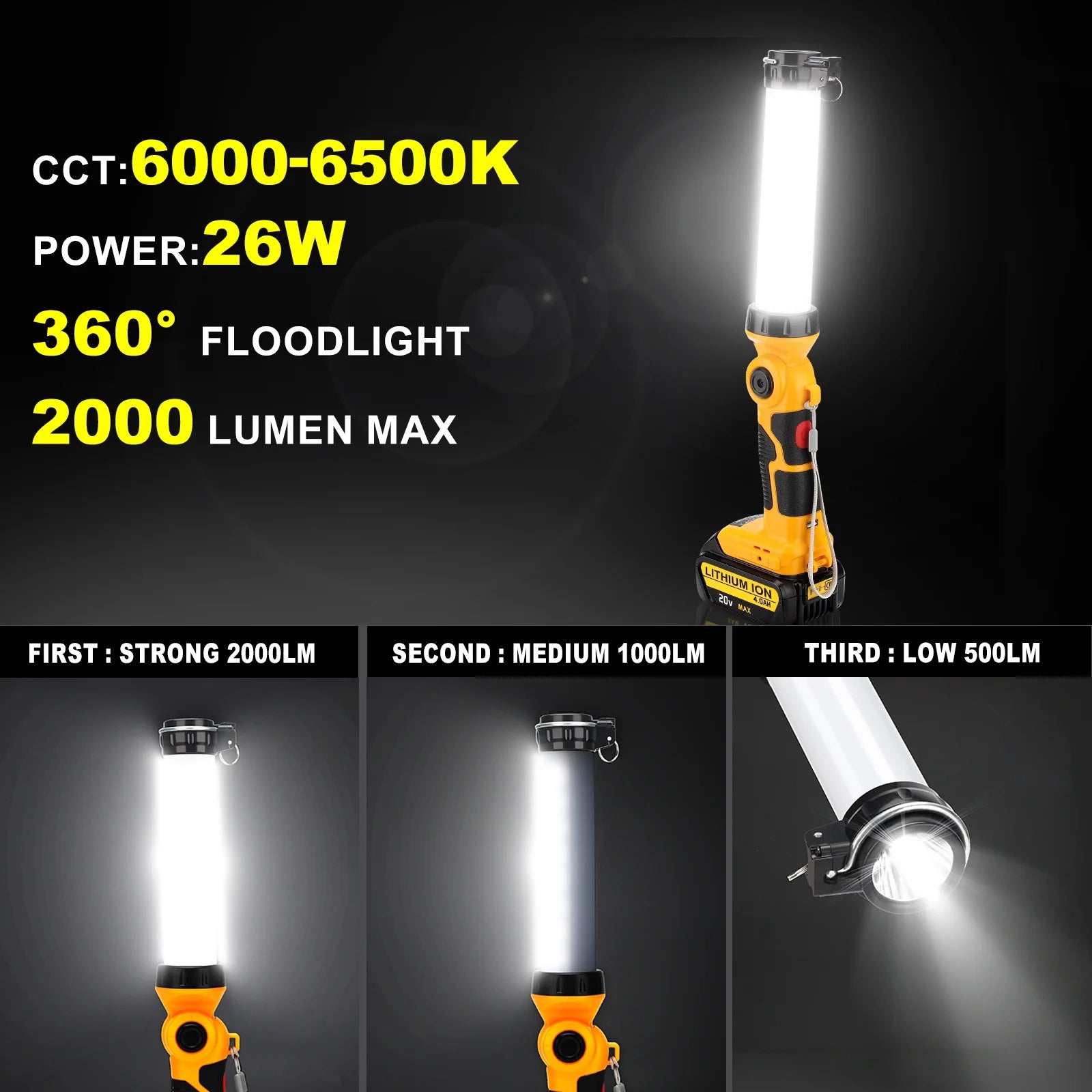 360° Outdoor Camping Lantern with Hooks, 26W 2000LM, for Dewalt 20V Li-ion Battery Q3193