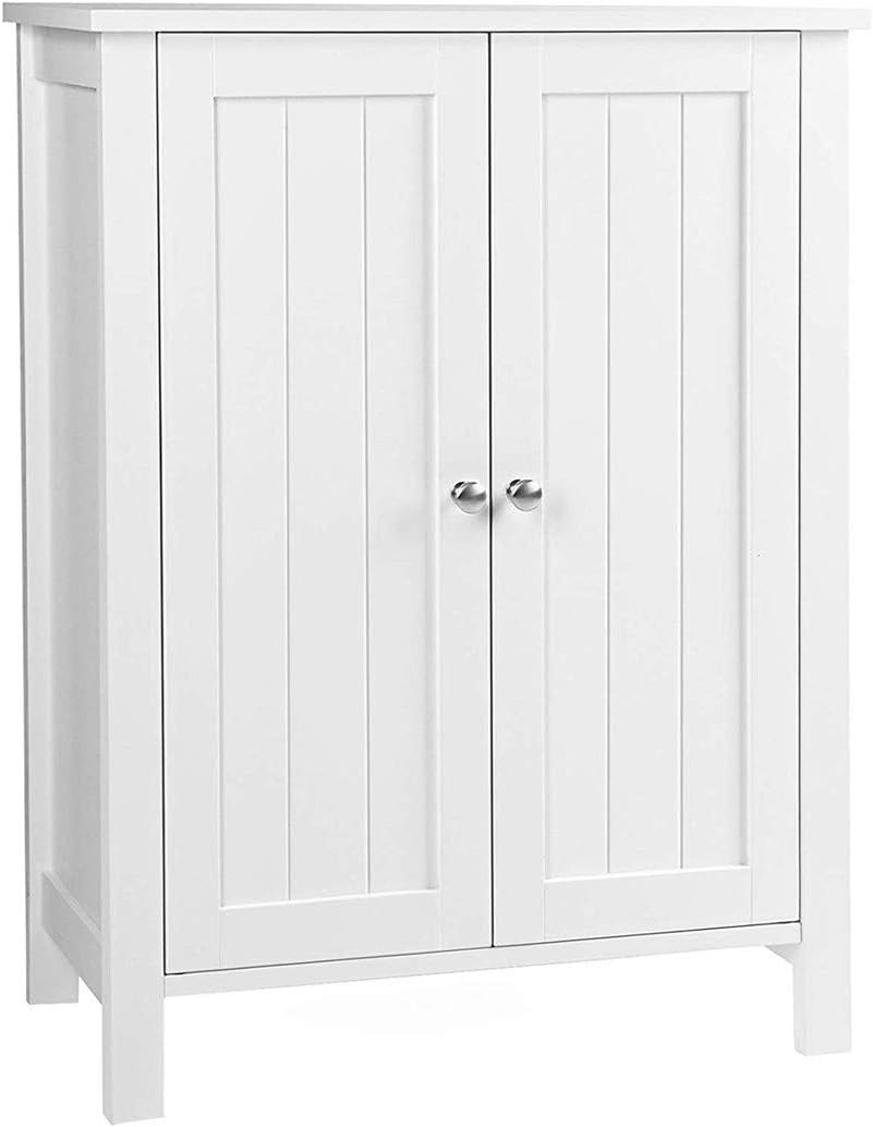 White Wood Bathroom Floor Storage Cabinet with Double Door and Adjustable Shelf K41965