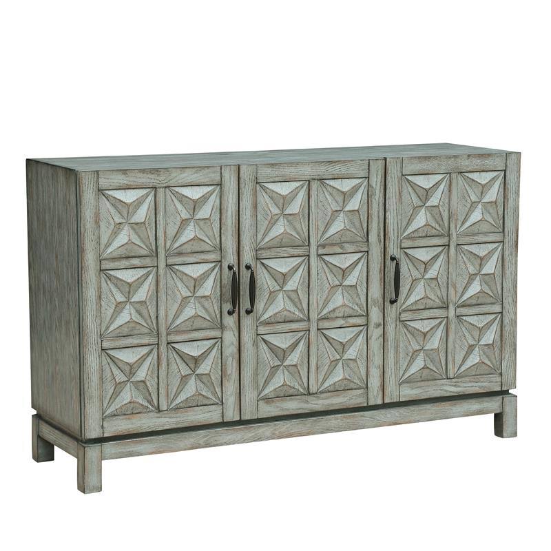 Three Door Carved Wood Console in Distressed Green and Gray Finish N41831