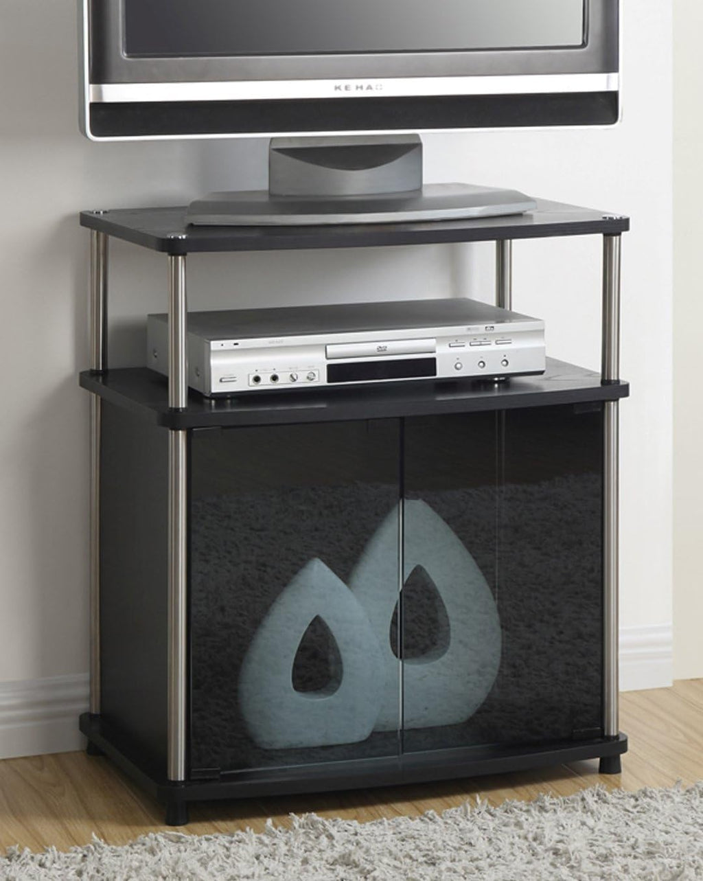 White TV Stand with Black Glass Cabinet L316