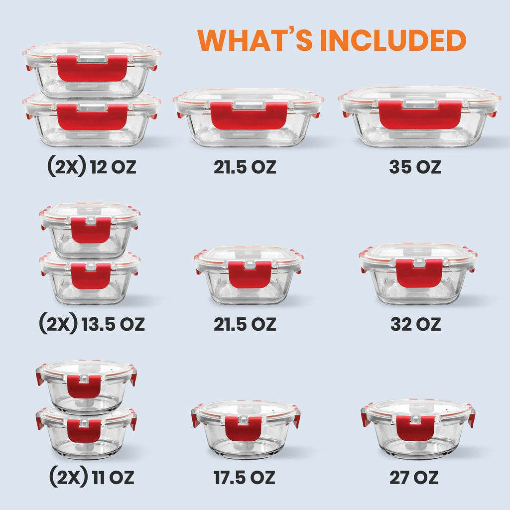 24-Piece Glass Food Storage Set with Locking Hinge Red Lids N3999